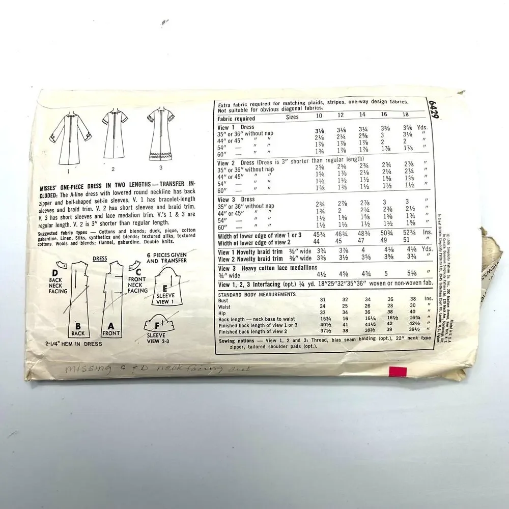 Simplicity Vintage 1960's‎ Pattern #6429 Misses One Piece Dress Size 14